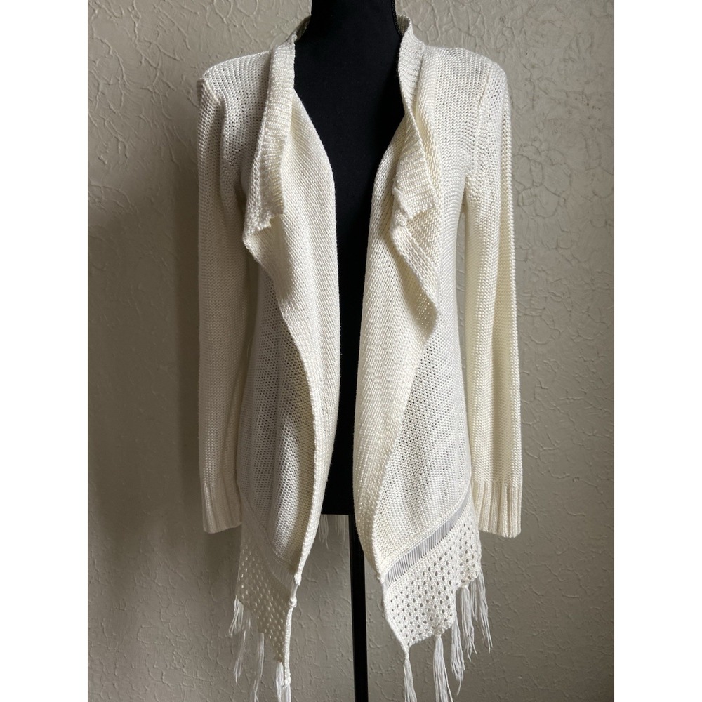 Bleu Ice Women's Cream Crochet Knit Waterfall Cardigan Sweater Size S Boho Fest